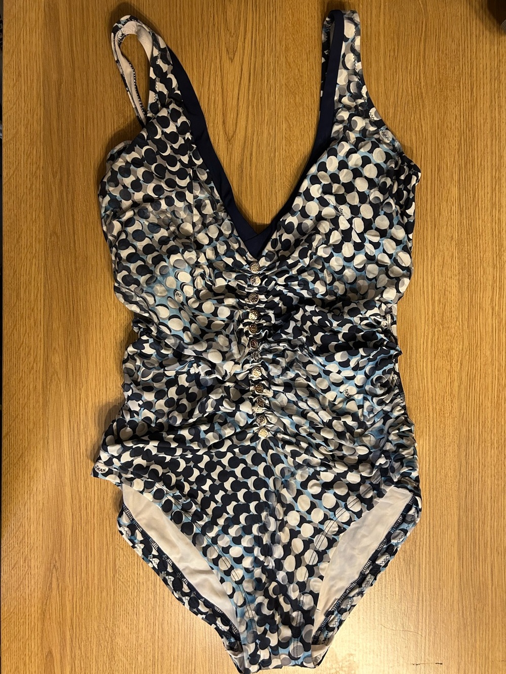SHAN Navy, Light Blue and White Polka-Pattern One-Piece Swimsuit